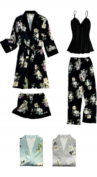 Satin kimono and floral summer pajamas