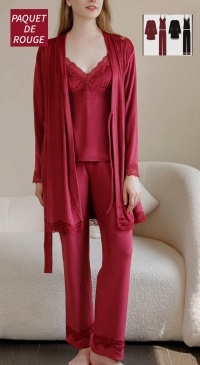 3-piece pajamas kimono top burgundy pants RED