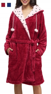 Women's bathrobe with hood and pompoms