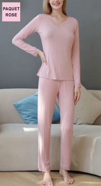 Women's spring pajamas with V-neck lace PINK