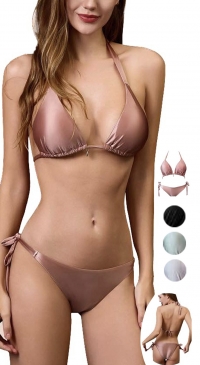 Plain bikini with shiny look and jewel fastening